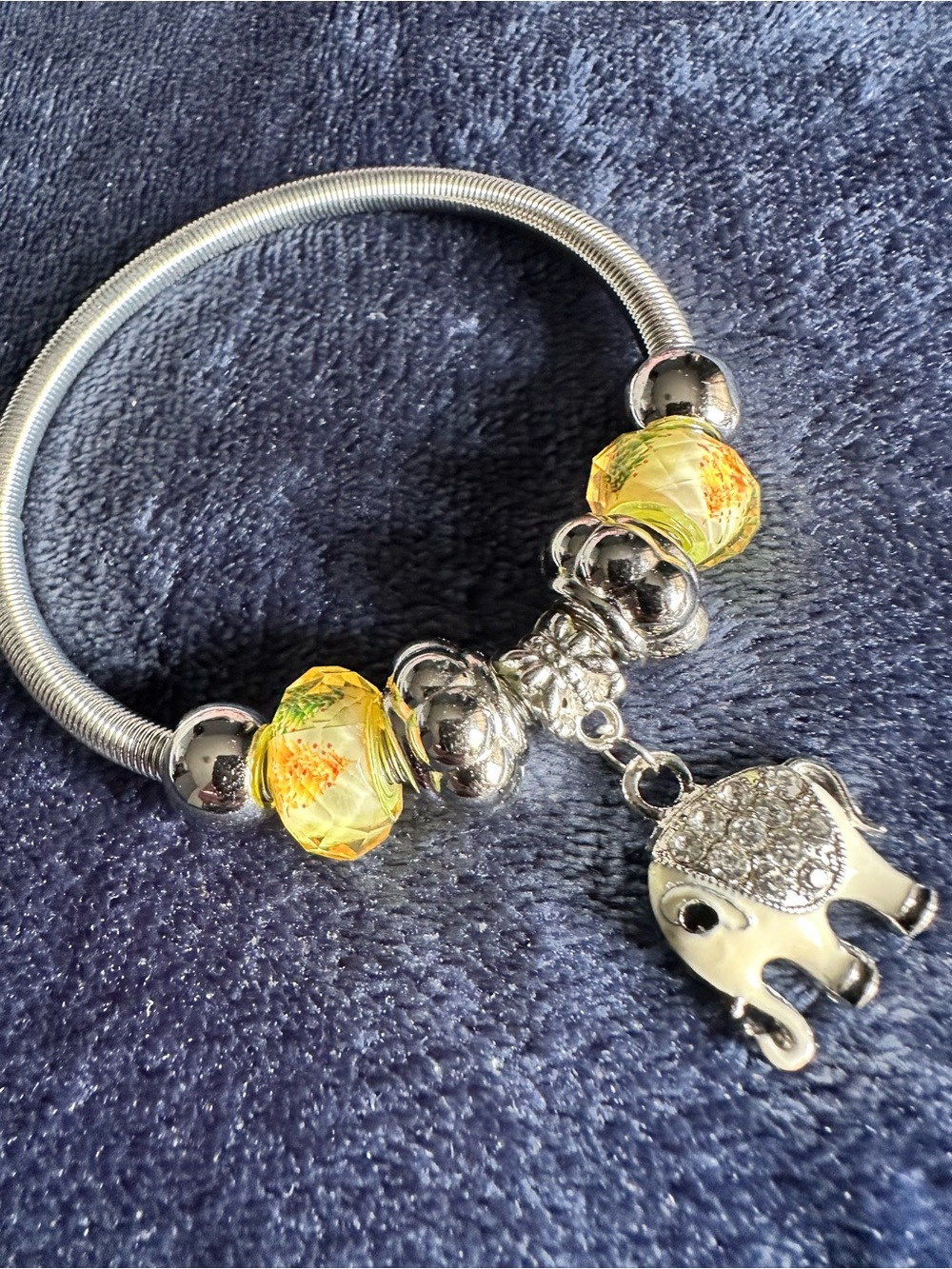 Silver Bracelet with Yellow Glass Beads and Elephant Charm